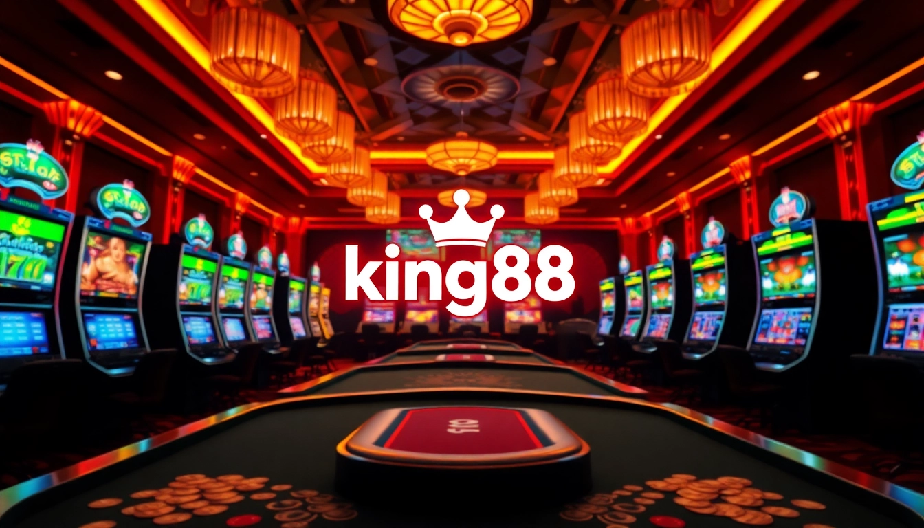 Dynamic casino scene with king88 logo showcased, vibrant atmosphere, and immersive gaming elements.