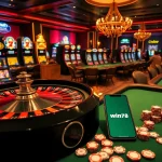 win78 casino scene showcasing vibrant slot machines and players at poker tables.