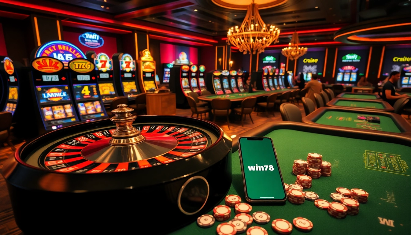 win78 casino scene showcasing vibrant slot machines and players at poker tables.