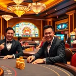 Kbbet players enjoying a thrilling casino experience at elegant tables with vibrant slot machines.