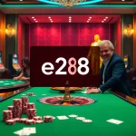 e28 logo showcased prominently on an elegant digital casino table with vibrant poker chips and colorful slot machines.