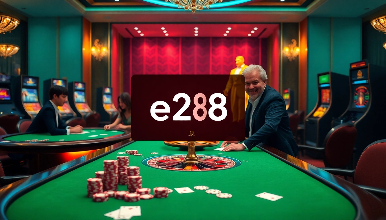 e28 logo showcased prominently on an elegant digital casino table with vibrant poker chips and colorful slot machines.