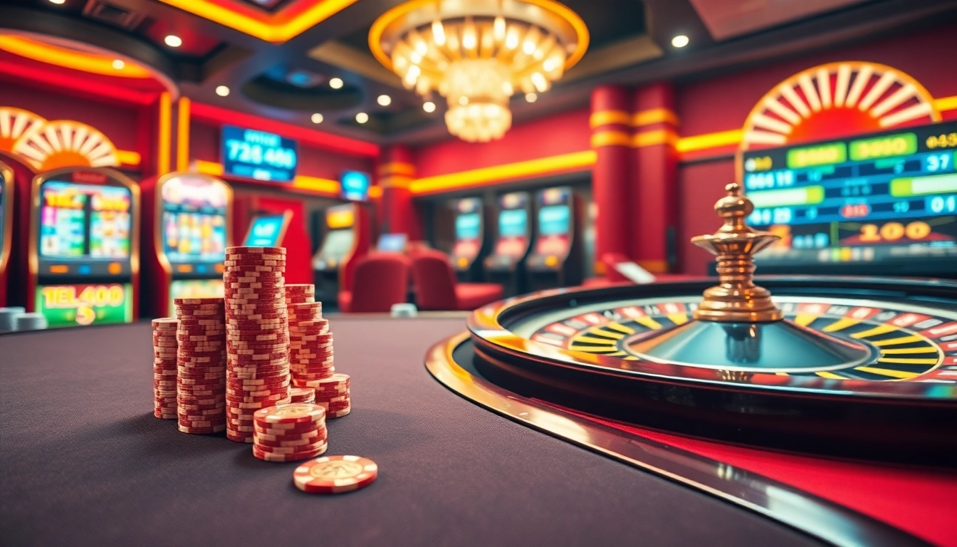 Engage in thrilling gameplay on https://tg88.to/ surrounded by vibrant casino elements like poker chips and slot machines.