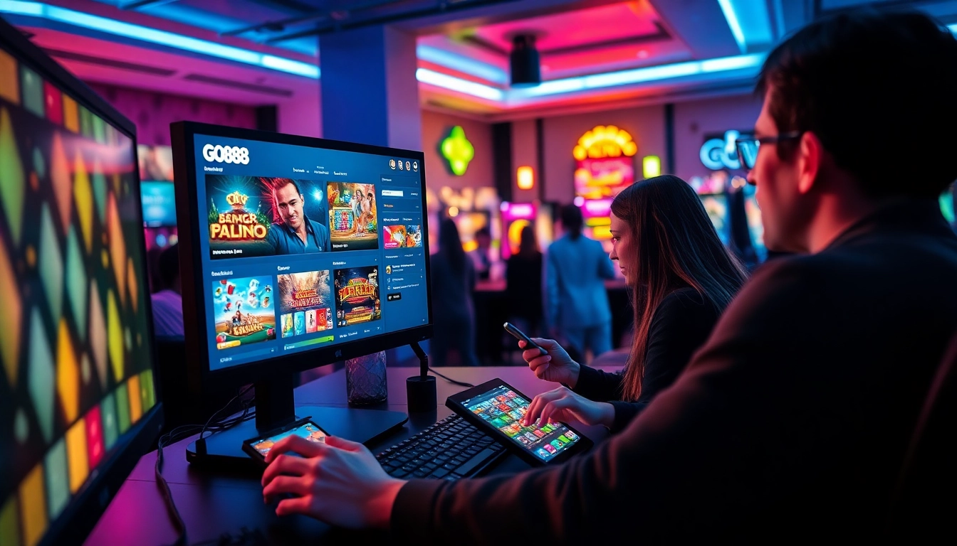 Engaging online gaming scene featuring GO88 interface on screens for go-88.us.com.