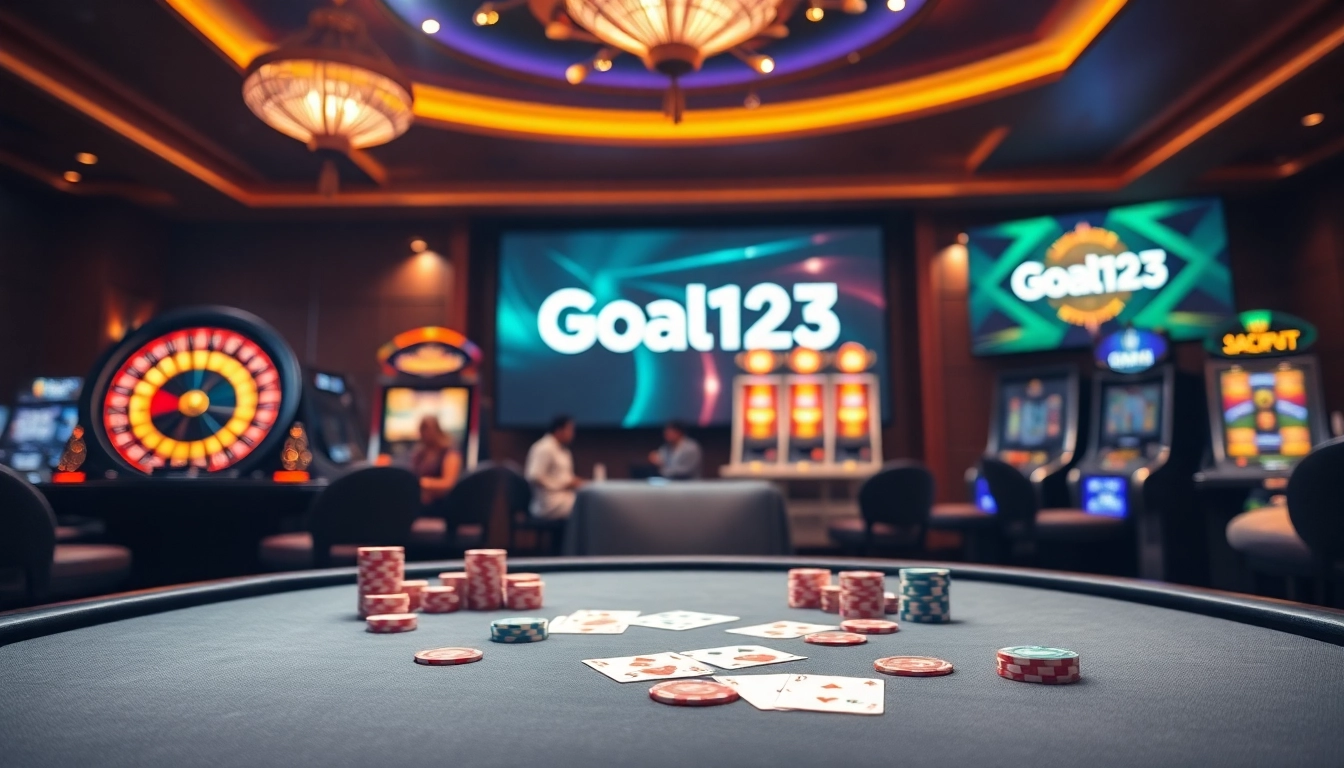 Winning at Goal123 with vibrant poker chips and cards on an elegant casino table.