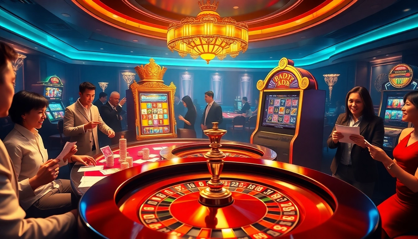 Experience the thrilling MMOO casino environment with elegant roulette tables and lively players.